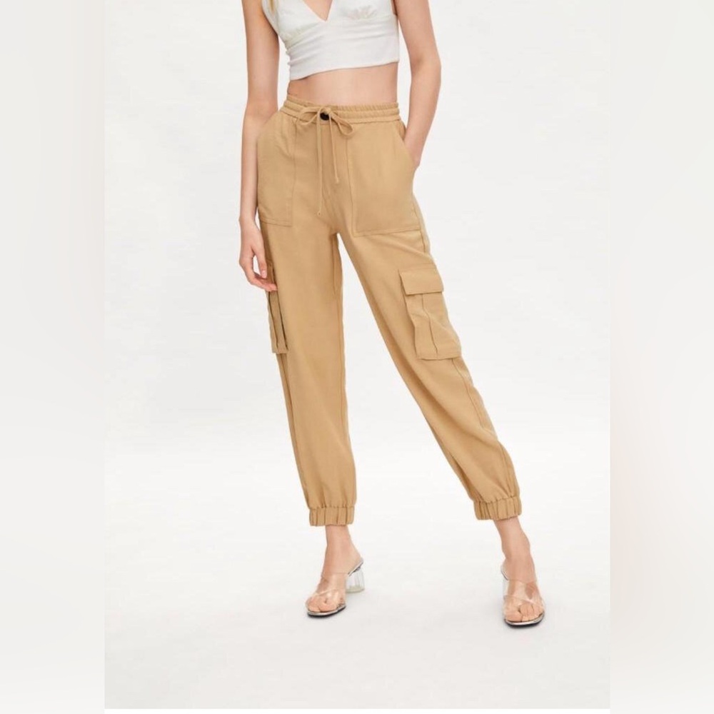 Zara tie waist pocket cargo pants with elastic hem